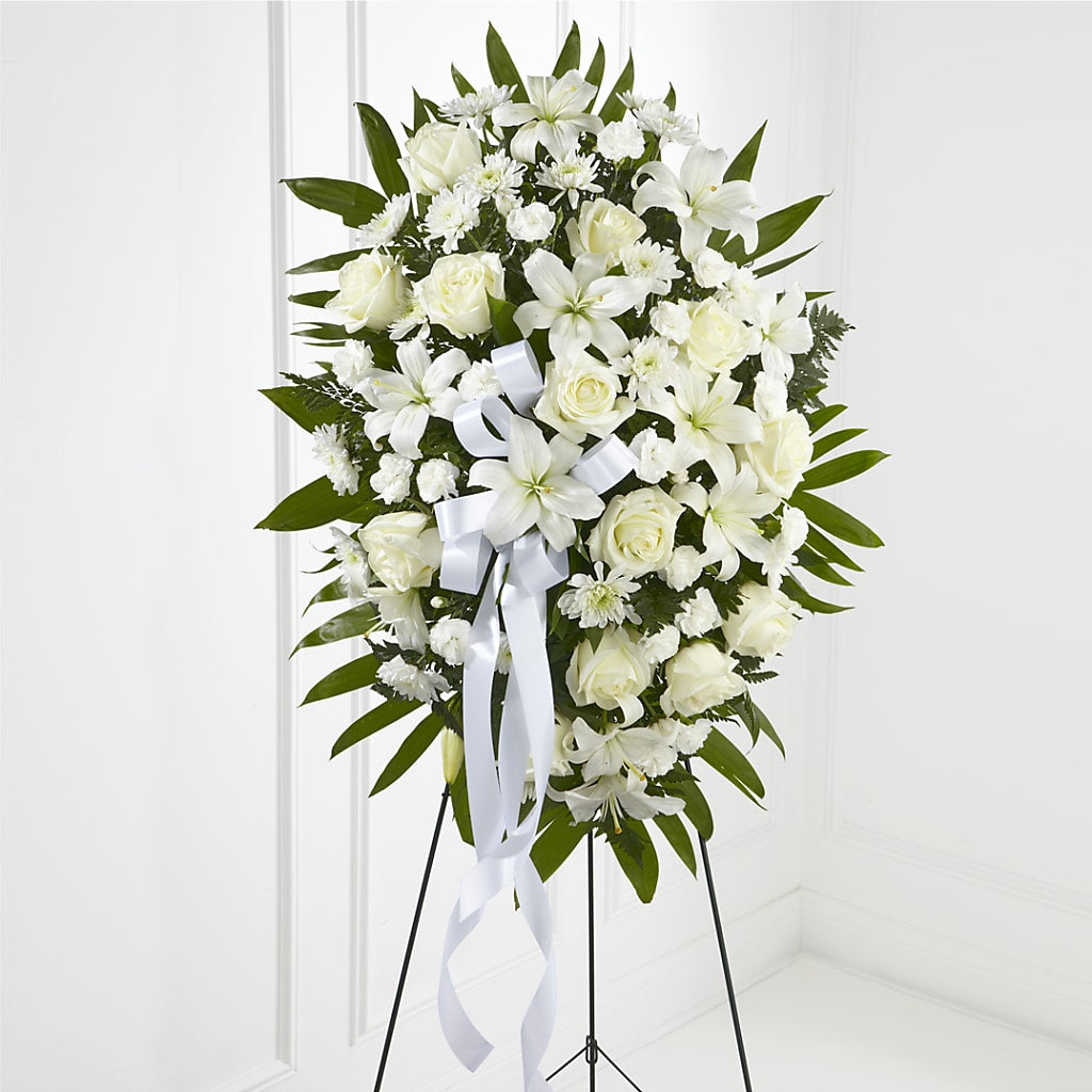 Exquisite Tribute Standing Spray-White Ribbon – TIFFANEY'S FLOWERS & GIFTS, Junction City KY