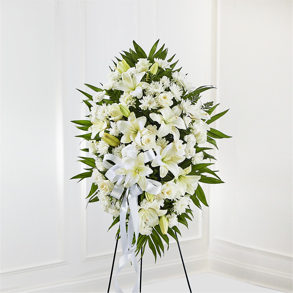 Exquisite Tribute Standing Spray-White Ribbon – TIFFANEY'S FLOWERS & GIFTS, Junction City KY